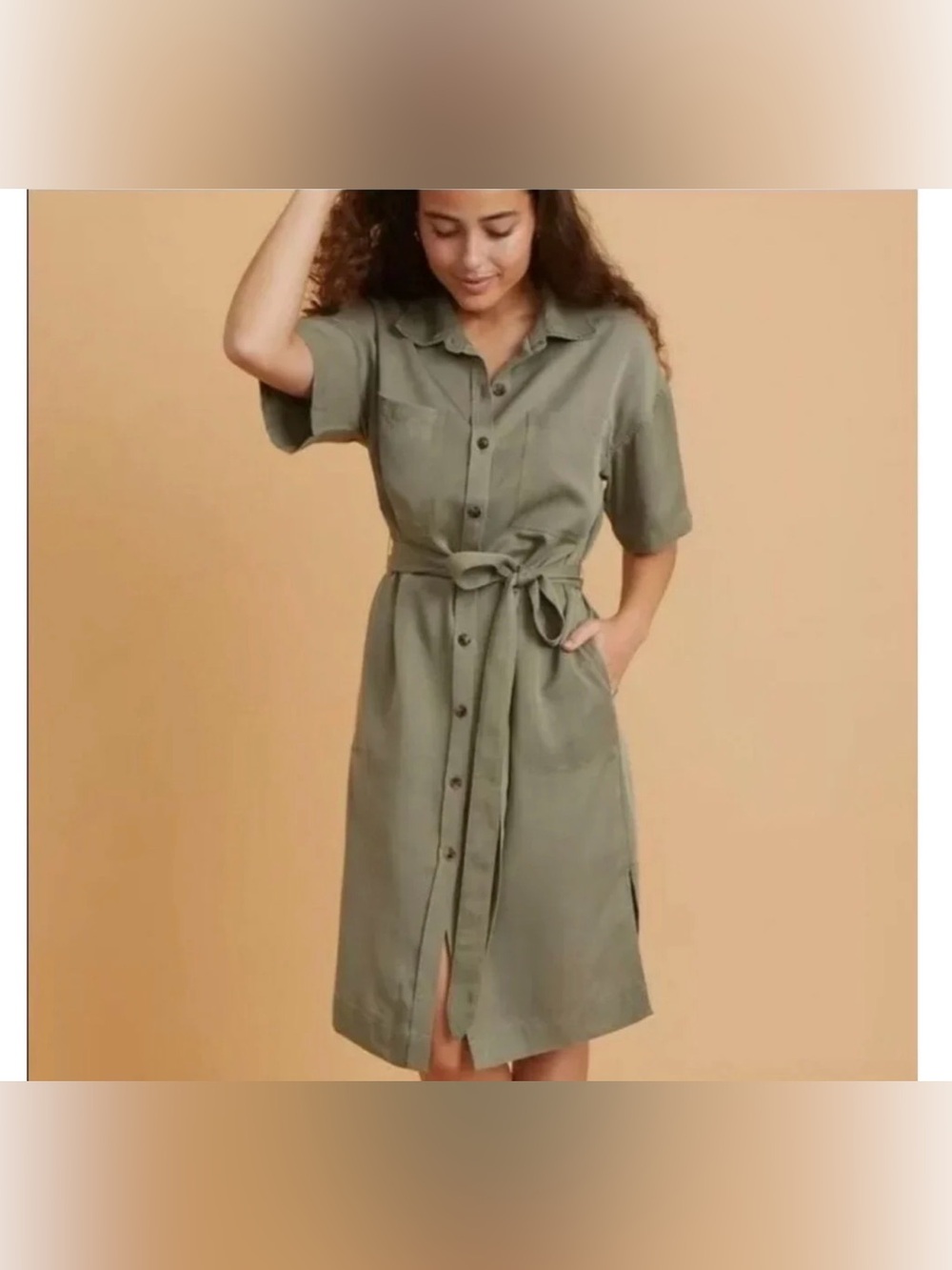 Marine Layer Renata TENCEL Shirt Dress Olive Green Tie Waist Button Front Small
